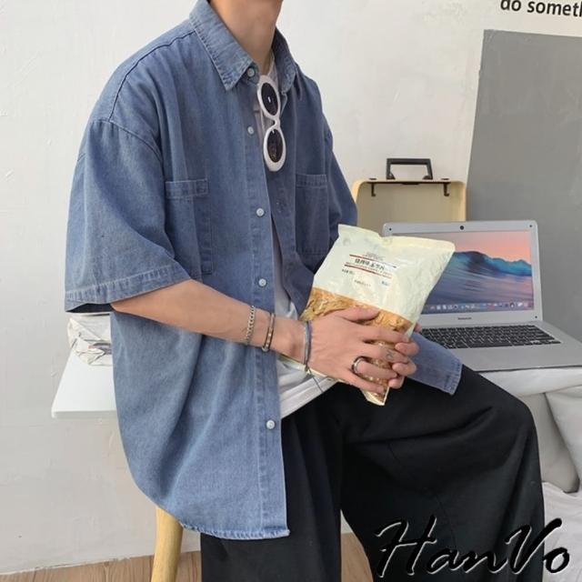 【HanVo】現貨 男款休閒寬鬆牛仔短袖襯衫(舒適透氣潮流復古工裝上衣 韓版夏季T恤 男生衣著 B01-1016)