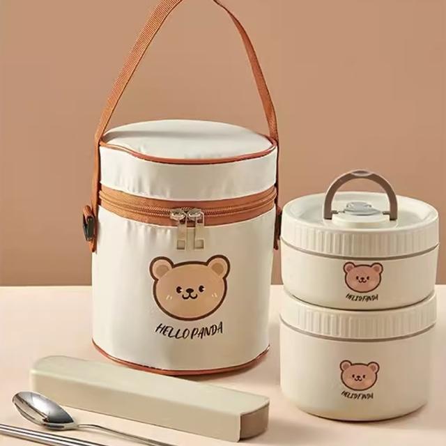 【樂邁家居】304不鏽鋼 可愛小熊便當盒組合(附餐具/可微波使用/食品級材質)