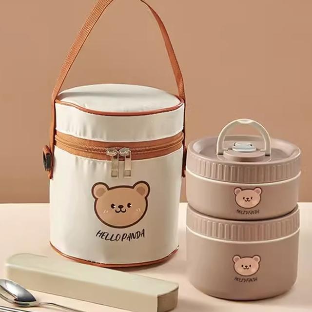 【樂邁家居】304不鏽鋼 可愛小熊便當盒組合(附餐具/可微波使用/食品級材質)