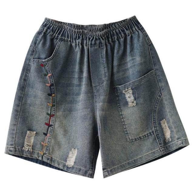 【米蘭精品】現貨+預購  牛仔褲丹寧短褲高腰A字短褲休閒褲大碼寬褲大尺碼女裝(大花刺繡五分褲女褲子74fm20)