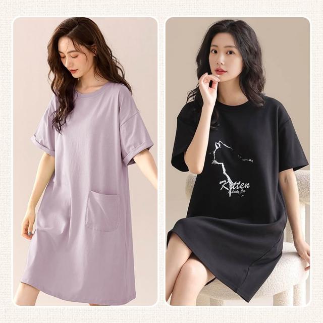 【Kosmiya】買一送一 純色小口袋棉質睡裙/寬鬆睡衣/短袖睡衣/女睡衣/棉質睡衣/涼感睡衣(4色可選/均碼/加大)