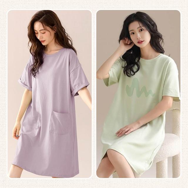 【Kosmiya】買一送一 純色小口袋棉質睡裙/寬鬆睡衣/短袖睡衣/女睡衣/棉質睡衣/涼感睡衣(4色可選/均碼/加大)