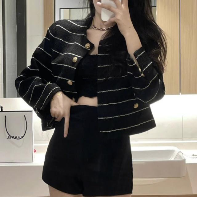 【BBHONEY】橫條紋金釦小香風女西裝外套(白/黑)