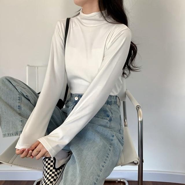 【D.studio】韓版薄絨內搭打底半高領長袖上衣(女裝衣服寬鬆上衣顯瘦上衣長袖t恤冬裝發熱衣素T W321)