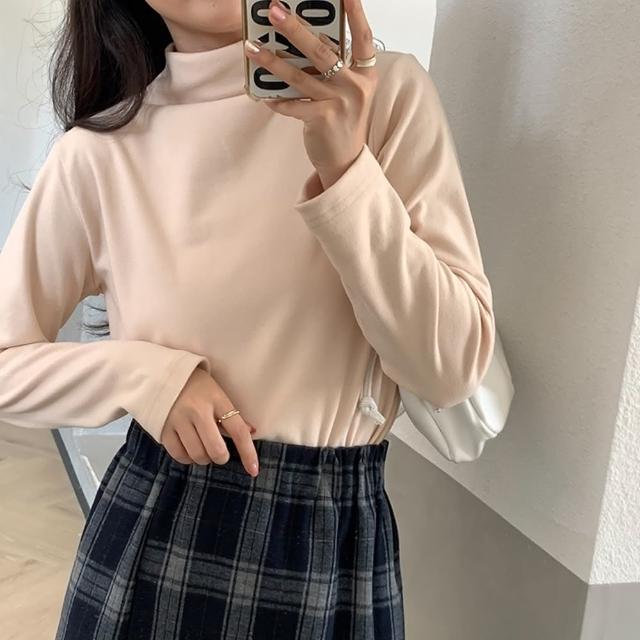 【D.studio】韓版薄絨內搭打底半高領長袖上衣(女裝衣服寬鬆上衣顯瘦上衣長袖t恤冬裝發熱衣素T W321)