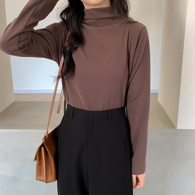 【D.studio】韓版薄絨內搭打底半高領長袖上衣(女裝衣服寬鬆上衣顯瘦上衣長袖t恤冬裝發熱衣素T W321)