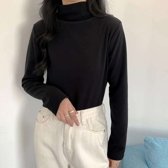 【D.studio】韓版薄絨內搭打底半高領長袖上衣(女裝衣服寬鬆上衣顯瘦上衣長袖t恤冬裝發熱衣素T W321)