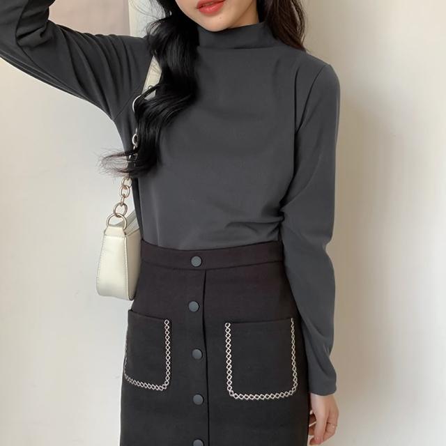 【D.studio】韓版薄絨內搭打底半高領長袖上衣(女裝衣服寬鬆上衣顯瘦上衣長袖t恤冬裝發熱衣素T W321)