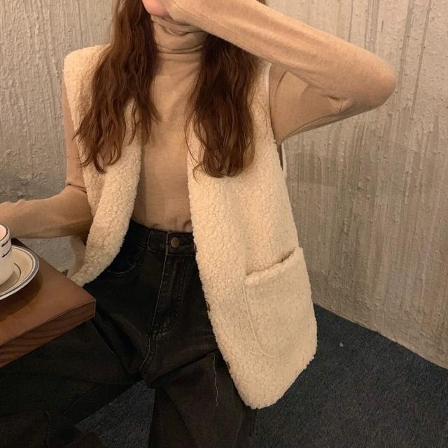 【D.studio】韓版復古仿羊羔毛背心外套(上衣女裝衣服外套背心毛毛外套 J153)