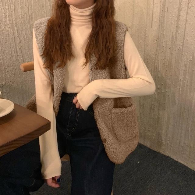 【D.studio】韓版復古仿羊羔毛背心外套(上衣女裝衣服外套背心毛毛外套 J153)