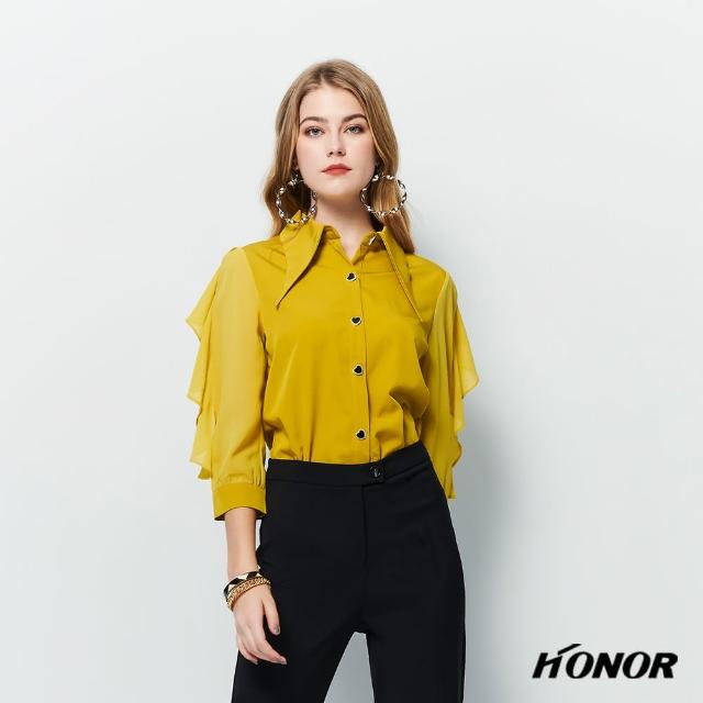 【HONOR 山形屋】出清品 拼接雪紡波浪袖上衣-黃/黑(限定出清)