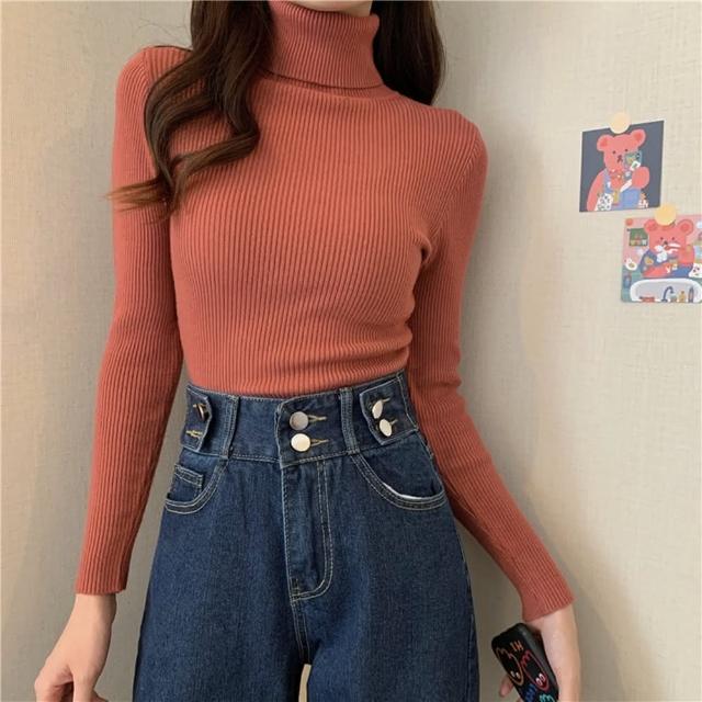 【D.studio】韓版高領彈性顯瘦長袖針織上衣(毛衣長袖上衣女裝衣服顯瘦上衣長袖t恤冬裝發熱衣素T W142)