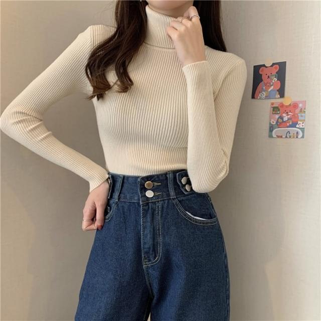【D.studio】韓版高領彈性顯瘦長袖針織上衣(毛衣長袖上衣女裝衣服顯瘦上衣長袖t恤冬裝發熱衣素T W142)