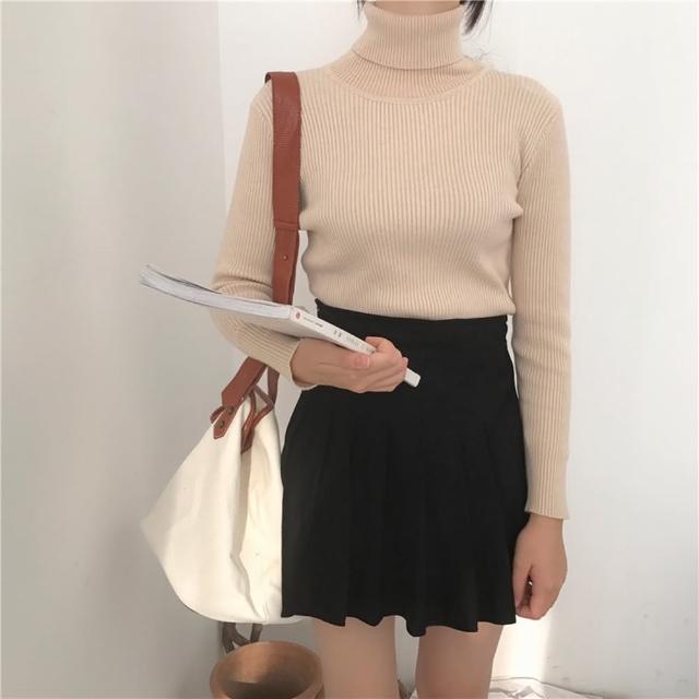 【D.studio】韓版高領彈性顯瘦長袖針織上衣(毛衣長袖上衣女裝衣服顯瘦上衣長袖t恤冬裝發熱衣素T W142)