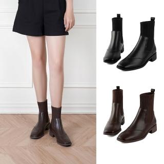 【SANDARU 山打努】襪靴 真皮方頭針織拼接切爾西短靴 靴子 馬靴 踝靴 顯瘦 瘦瘦靴(黑)