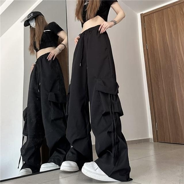 【D.studio】韓版寬鬆高腰直筒設計感鬆緊速乾工作褲(寬褲 褲子 長褲 休閒褲 女裝 高腰褲 P294)