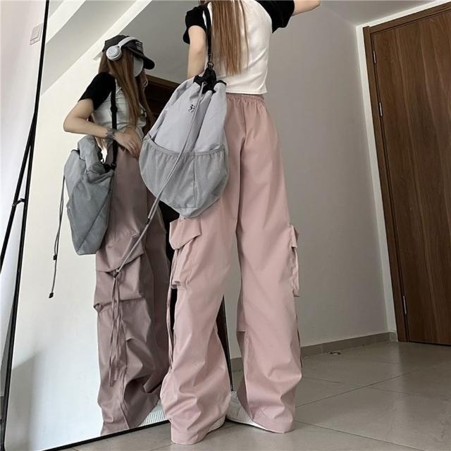 【D.studio】韓版寬鬆高腰直筒設計感鬆緊速乾工作褲(寬褲 褲子 長褲 休閒褲 女裝 高腰褲 P294)