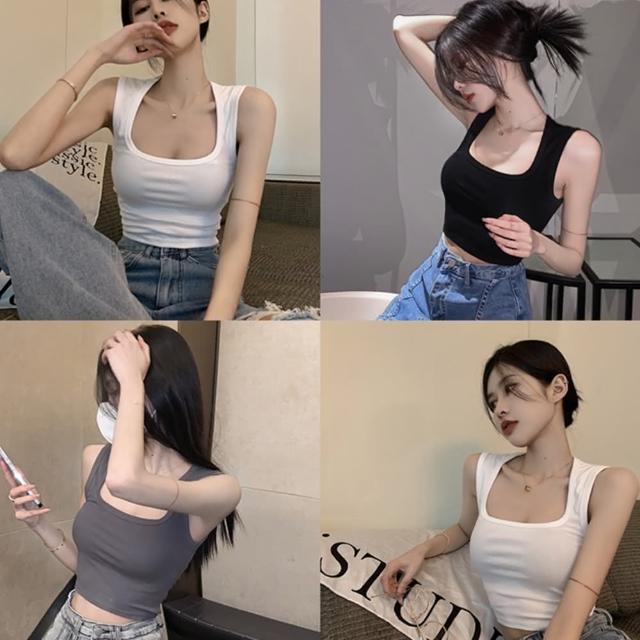 【D.studio】韓版性感方領露鎖骨運動背心(帶胸墊免穿內衣運動上衣小可愛 女裝衣服短版上衣短板上衣 V275)