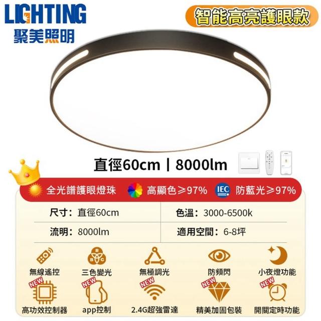 【聚美照明】60CM8000流明6-8坪吸頂燈 全光譜護眼LED(防藍光護眼燈/三色無極調光附遙控/簡約北歐風)