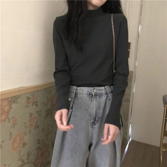 【D.studio】韓版半高領薄內刷毛內搭顯瘦長袖上衣(女裝衣服寬鬆上衣顯瘦上衣長袖t恤冬裝發熱衣 W321)