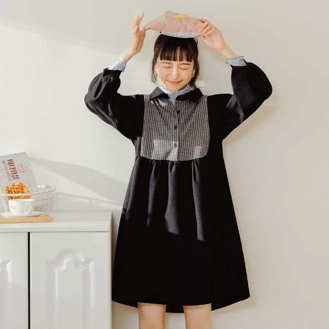 【OB 嚴選】格紋毛呢拼接微拋袖寬鬆洋裝親子款女 《DA9969》