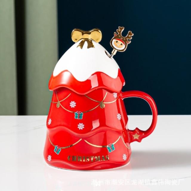 【TWBUY 台灣好購】聖誕樹陶瓷杯(交換禮物 聖誕樹馬克杯 附蓋子攪拌棒 聖誕咖啡杯 彩盒包裝)