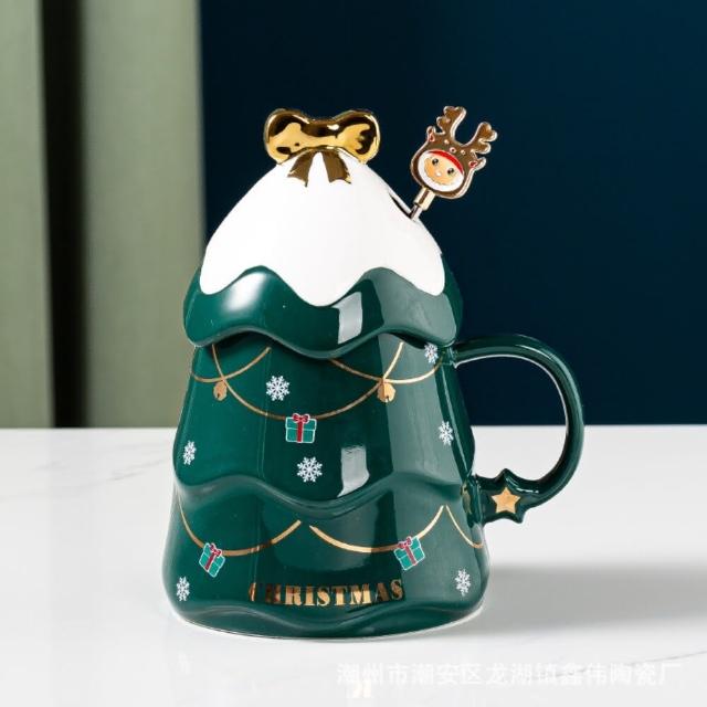 【TWBUY 台灣好購】聖誕樹陶瓷杯(交換禮物 聖誕樹馬克杯 附蓋子攪拌棒 聖誕咖啡杯 彩盒包裝)