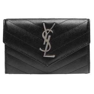 【YSL】MONOGRAM系列V字縫線魚子醬牛皮銀色金屬LOGO暗釦零錢包(黑414404-BOW02-1000)