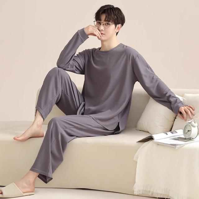 【藍尼居家】★情侶款優雅純色棉睡衣(家居服/男女睡衣/長袖/圓領)