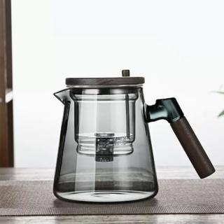 12602894 OL 【一鍵過濾茶水分離木質玻璃茶壺650ml】內膽過濾 胡桃木手柄一體設計沖茶器(飄逸杯 茶水分離茶壺)