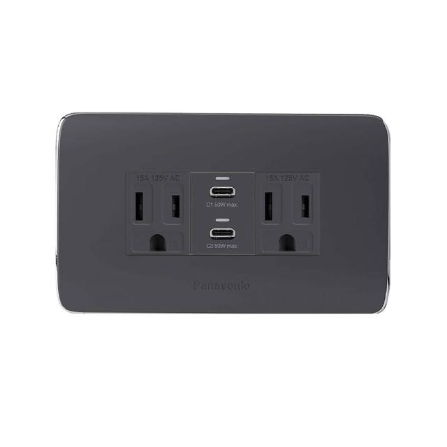 【易智快充】磐石系列-國際牌™ Panasonic™ Risna™ 灰蓋面板 50W USB快充插座(50W USB+AC安全插座x2)