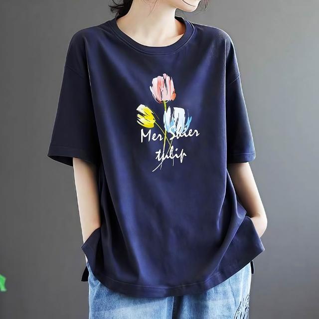 【初色】簡約素色三朵花印花圓領寬鬆短袖T恤上衣女上衣-共7色-33560(M-4XL可選)