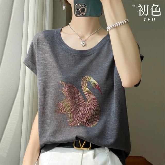【初色】休閒純色印花圓領短袖T恤上衣女上衣-5款任選-14586(M-2XL可選)