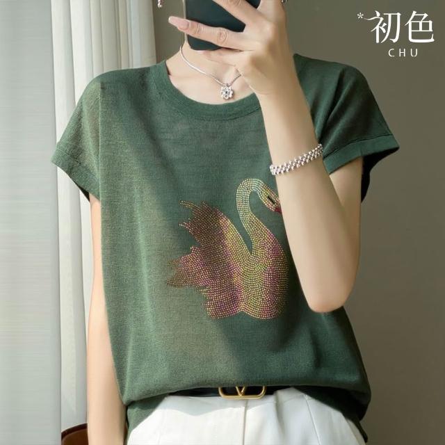 【初色】休閒純色印花圓領短袖T恤上衣女上衣-5款任選-14586(M-2XL可選)