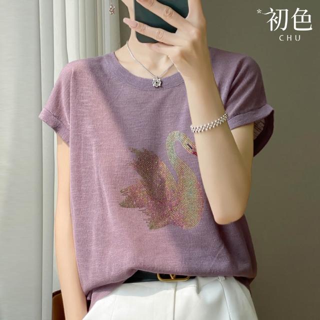 【初色】休閒純色印花圓領短袖T恤上衣女上衣-5款任選-14586(M-2XL可選)