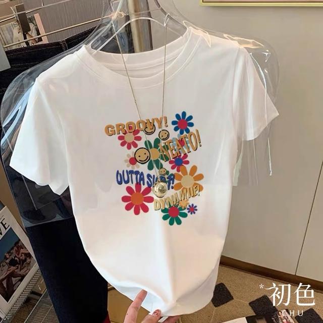 【初色】休閒純色印花圓領短袖T恤上衣女上衣-5款任選-14586(M-2XL可選)