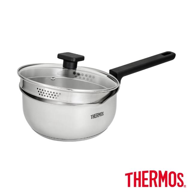 【THERMOS膳魔師】獨家專售_新一代星曜不沾鍋附蓋壓鑄平底鍋28cm+不鏽鋼瀝水鍋20cm(TFC-F28-LMT+SPC-S20)