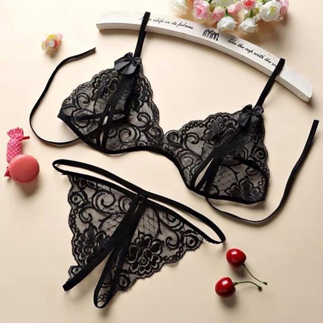 【Sexy angel】三點式透視蕾絲內衣開襠丁字褲套裝大尺碼性感情趣內衣情趣睡衣(性感情趣內衣內褲睡衣大尺碼)