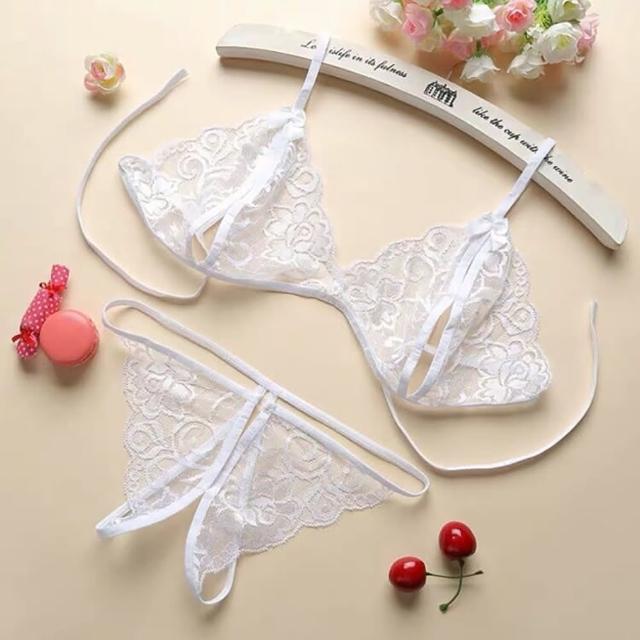 【Sexy angel】三點式透視蕾絲內衣開襠丁字褲套裝大尺碼性感情趣內衣情趣睡衣(性感情趣內衣內褲睡衣大尺碼)