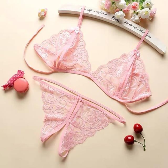 【Sexy angel】三點式透視蕾絲內衣開襠丁字褲套裝大尺碼性感情趣內衣情趣睡衣(性感情趣內衣內褲睡衣大尺碼)