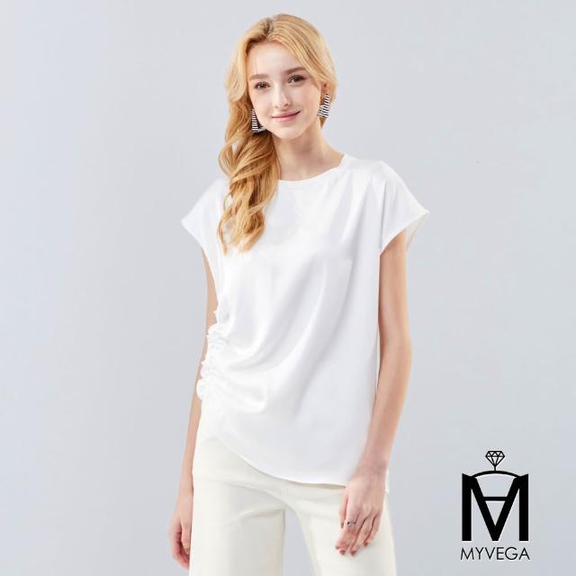 【MYVEGA 麥雪爾】MA絲綢光感單邊抽褶/緞面造型綁巾落肩上衣-二款任選(女上衣/短袖/涼感/T恤)