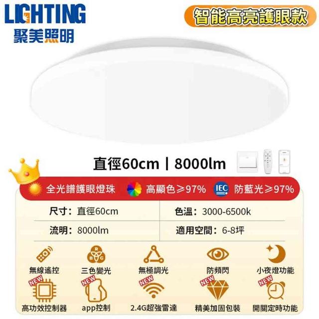 【聚美照明】吸頂燈 8000流明6-8坪 超薄4cm簡約臥室燈60cm(防藍光護眼燈/APP三色無極調光附遙控)