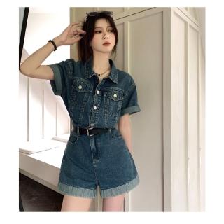 【NVDO】出清品   個性捲邊工裝連身牛仔褲(45-65KG可穿/牛仔褲/短褲/F188/售完不補)