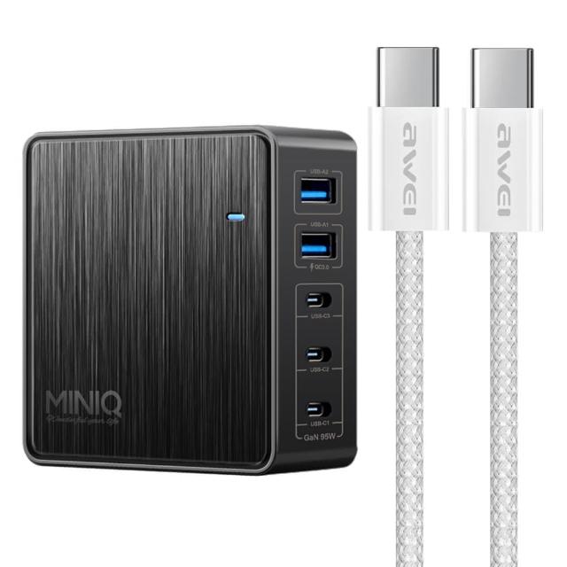 【MiniQ】AC-DK200T氮化鎵五孔2A3C 95W 充電器黑+AWEi 編織線 Type-C to Type-C -支援i16/i15蘋果手機