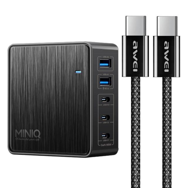 【MiniQ】AC-DK200T氮化鎵五孔2A3C 95W 充電器黑+AWEi 編織線 Type-C to Type-C -支援i16/i15蘋果手機