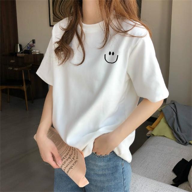 【MoonDy】圓領上衣 純棉短袖 寬版T恤 笑臉上衣 打底衫 美式上衣 上衣 女生上衣 寬版 t恤
