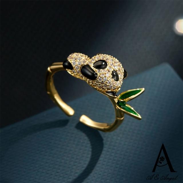 【ANGEL】可愛小熊貓動物竹節開口彈性戒指(金色)