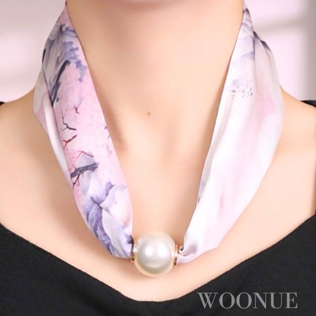 【WOONUE】貴婦高級磁扣絲巾項鍊珍珠樣式絲綢質感領巾圍巾項鍊(送禮母親節老婆媽媽女友閨蜜朋友姐妹禮物)