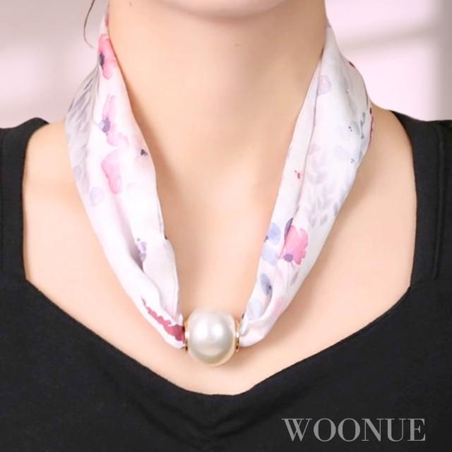 【WOONUE】貴婦高級磁扣絲巾項鍊珍珠樣式絲綢質感領巾圍巾項鍊(送禮母親節老婆媽媽女友閨蜜朋友姐妹禮物)