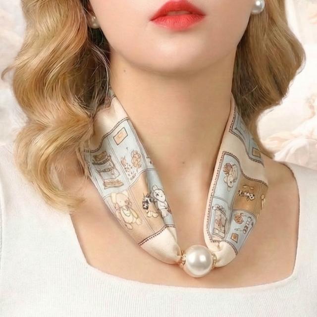 【WOONUE】貴婦高級磁扣絲巾項鍊珍珠樣式絲綢質感領巾圍巾項鍊(送禮母親節老婆媽媽女友閨蜜朋友姐妹禮物)